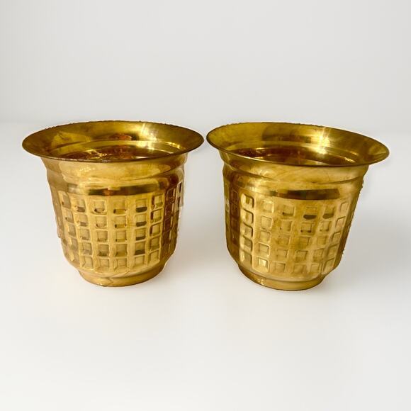 other Other - Vintage Set Of 2 Brass Planters, Made in India With Square Pattern 7” Tall